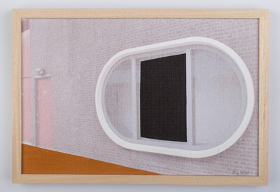kunstwerk uit reeks 'Rotterdam Architecture' rode en zwarte stiksels