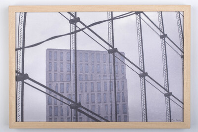 kunstwerk uit reeks 'Rotterdam Architecture' rode en zwarte stiksels op raam