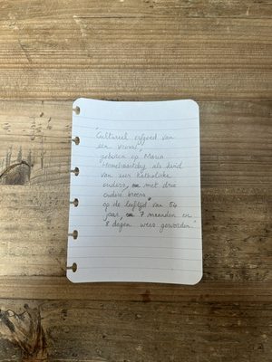 Titel 'Cultureel erfgoed van een vrouw, geboren op Maria Hemelvaartdag