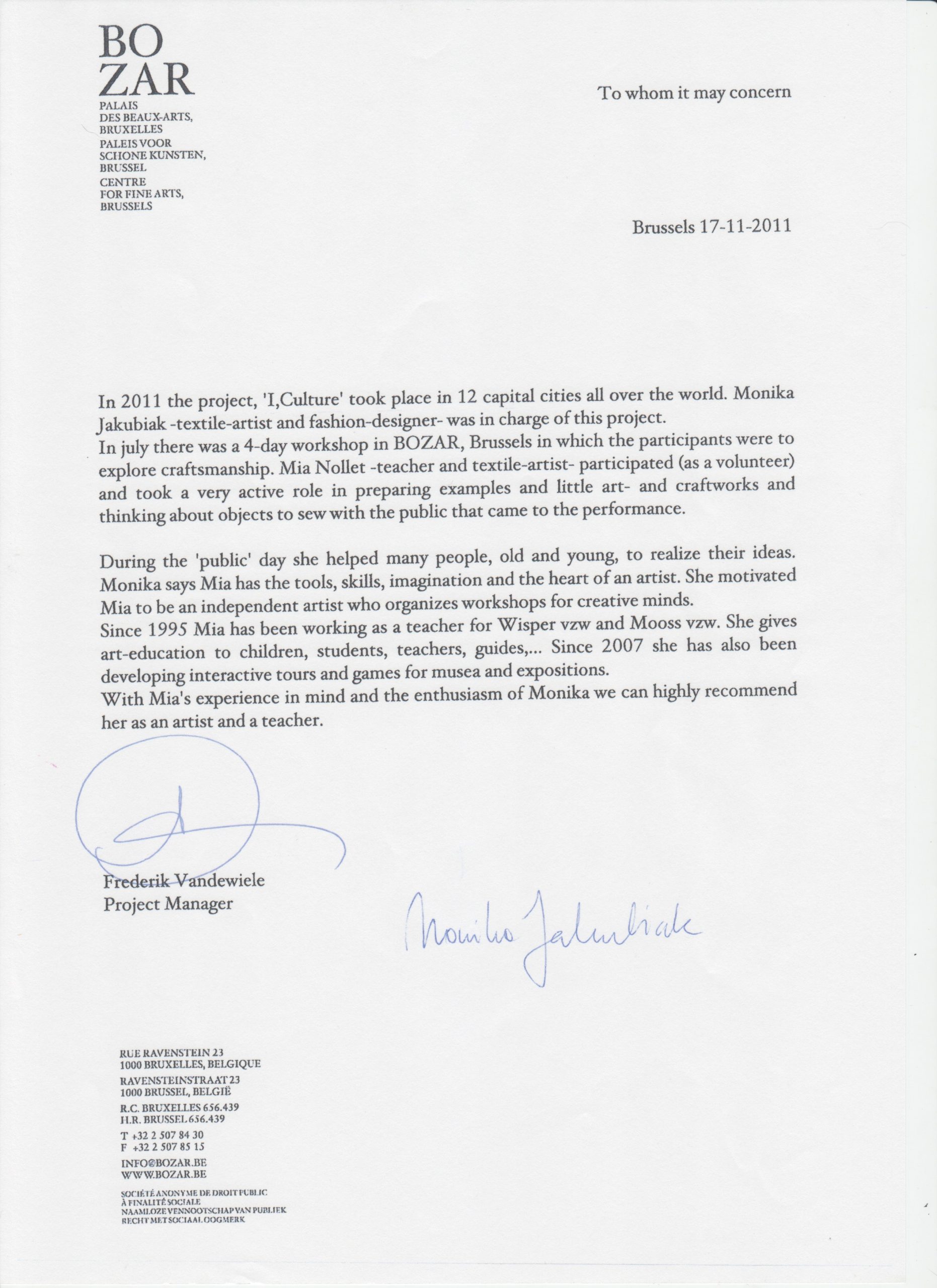 aanbevelingsbrief Bozar